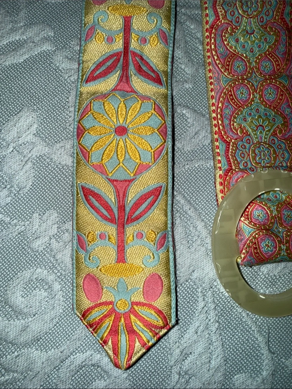Embroidered Floral Jacquard Belt in Yellow and Pink Reversible